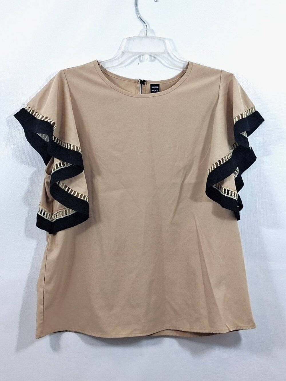 Flounce Sleeve Blouse Scoop Neck Contrast Tan Brown Black L, Shein - Picture 2 of 7